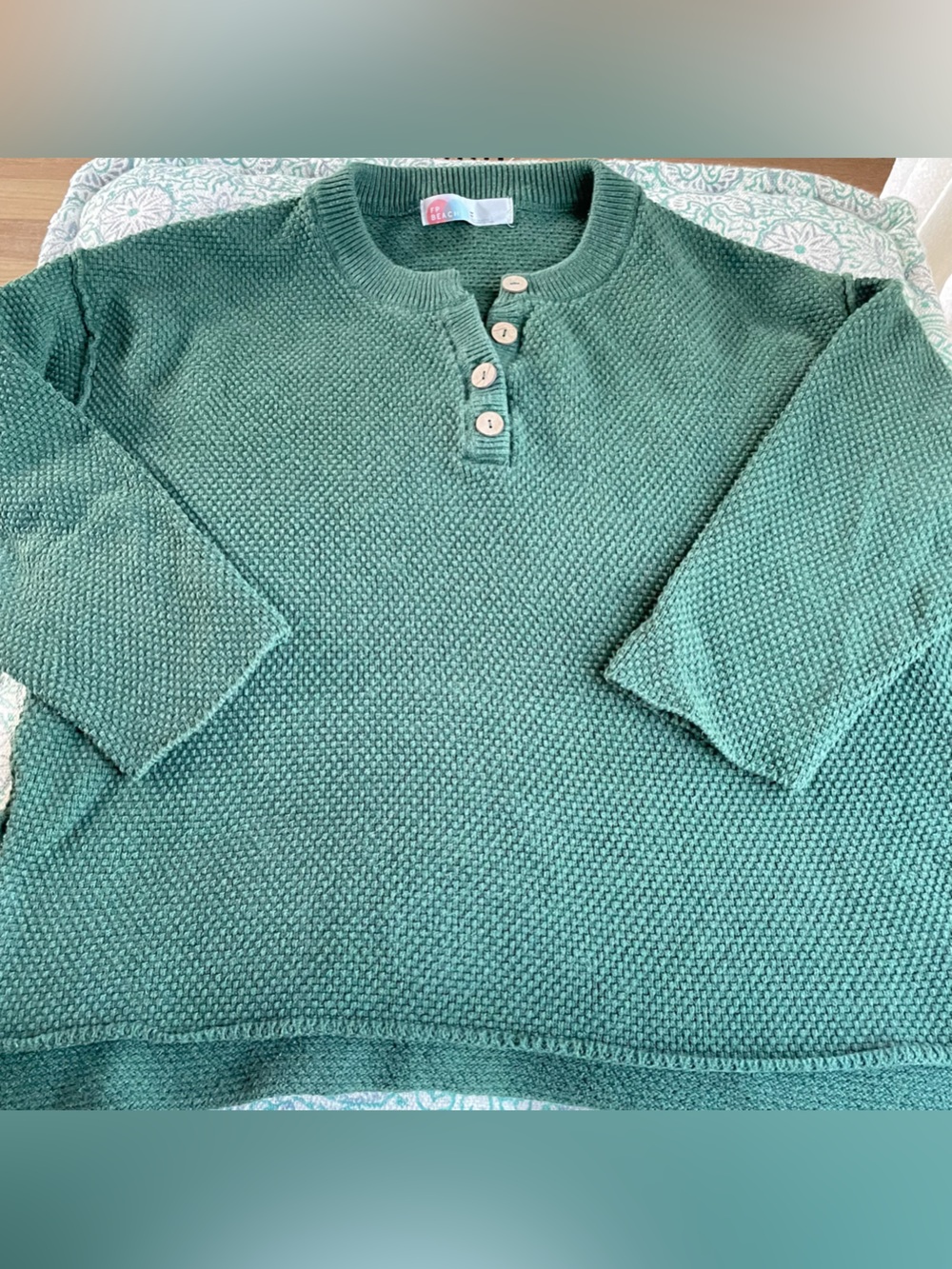 Free People Beach Teal Knit Pullover with Button Placket